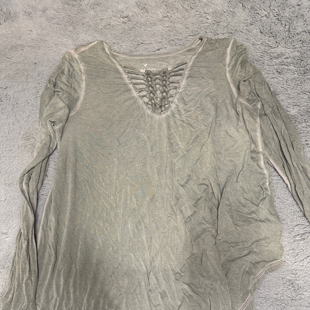 American Eagle Outfitters Olive Gray Lace-Up V-Neck Long Sleeve Top